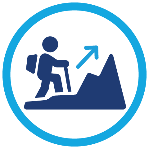 Icon of a hiker ascending a mountain with an arrow pointing upward, symbolizing exploration and adventure.